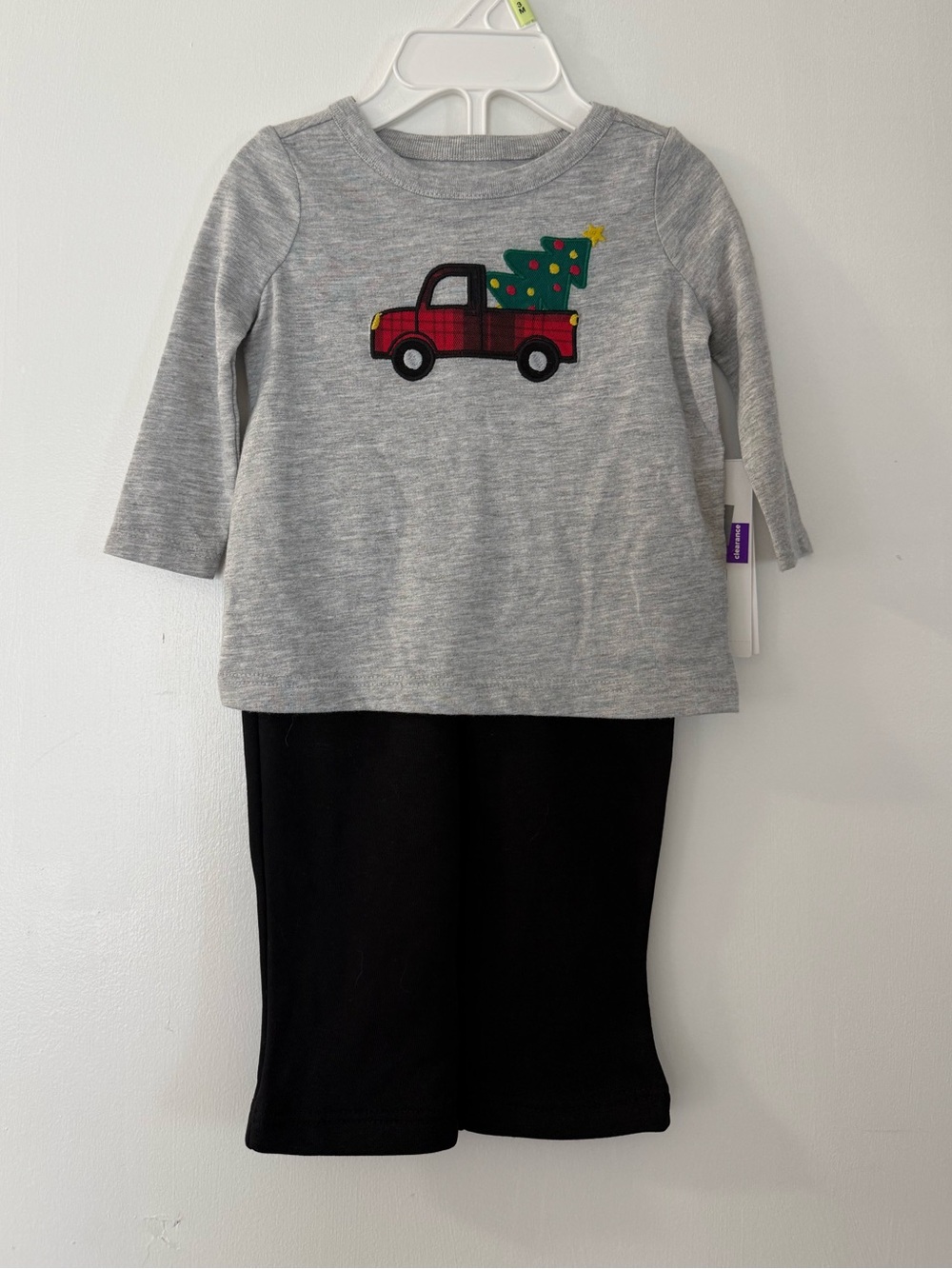 Baby Gray Long-Sleeve Top and Black Pants Set with Red Truck and Christmas Tree